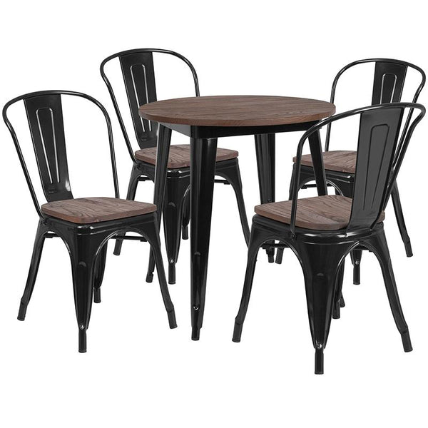 Flash Furniture 26" Round Black Metal Table Set with Wood Top and 4 Stack Chairs - CH-WD-TBCH-24-GG