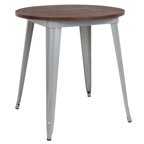 Flash Furniture 26" Round Silver Metal Indoor Table with Walnut Rustic Wood Top - CH-51090-29M1-SIL-GG