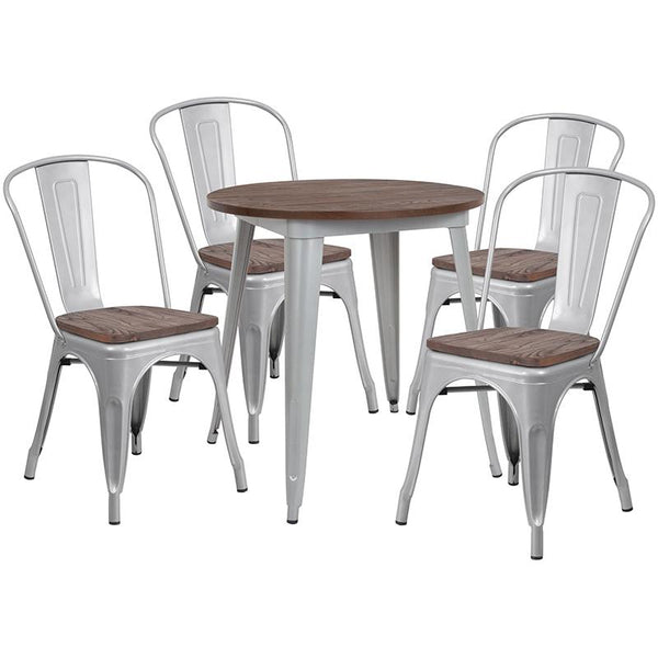 Flash Furniture 26" Round Silver Metal Table Set with Wood Top and 4 Stack Chairs - CH-WD-TBCH-10-GG