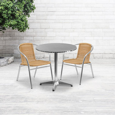 Flash Furniture 27.5'' Round Aluminum Indoor-Outdoor Table Set with 2 Beige Rattan Chairs - TLH-ALUM-28RD-020BGECHR2-GG