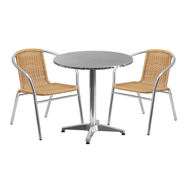 Flash Furniture 27.5'' Round Aluminum Indoor-Outdoor Table Set with 2 Beige Rattan Chairs - TLH-ALUM-28RD-020BGECHR2-GG