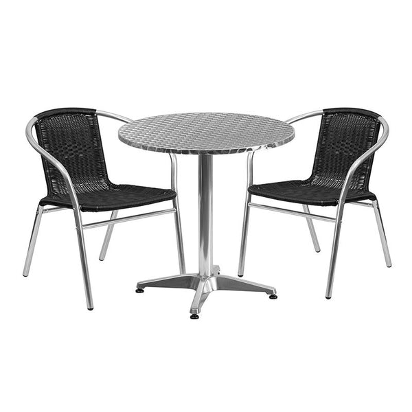 Flash Furniture 27.5'' Round Aluminum Indoor-Outdoor Table Set with 2 Black Rattan Chairs - TLH-ALUM-28RD-020BKCHR2-GG