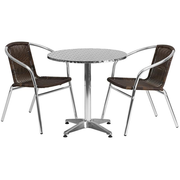 Flash Furniture 27.5'' Round Aluminum Indoor-Outdoor Table Set with 2 Dark Brown Rattan Chairs - TLH-ALUM-28RD-020CHR2-GG