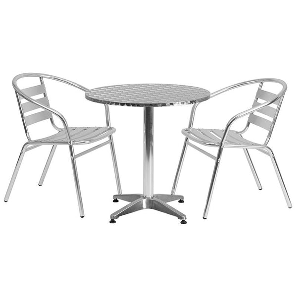 Flash Furniture 27.5'' Round Aluminum Indoor-Outdoor Table Set with 2 Slat Back Chairs - TLH-ALUM-28RD-017BCHR2-GG