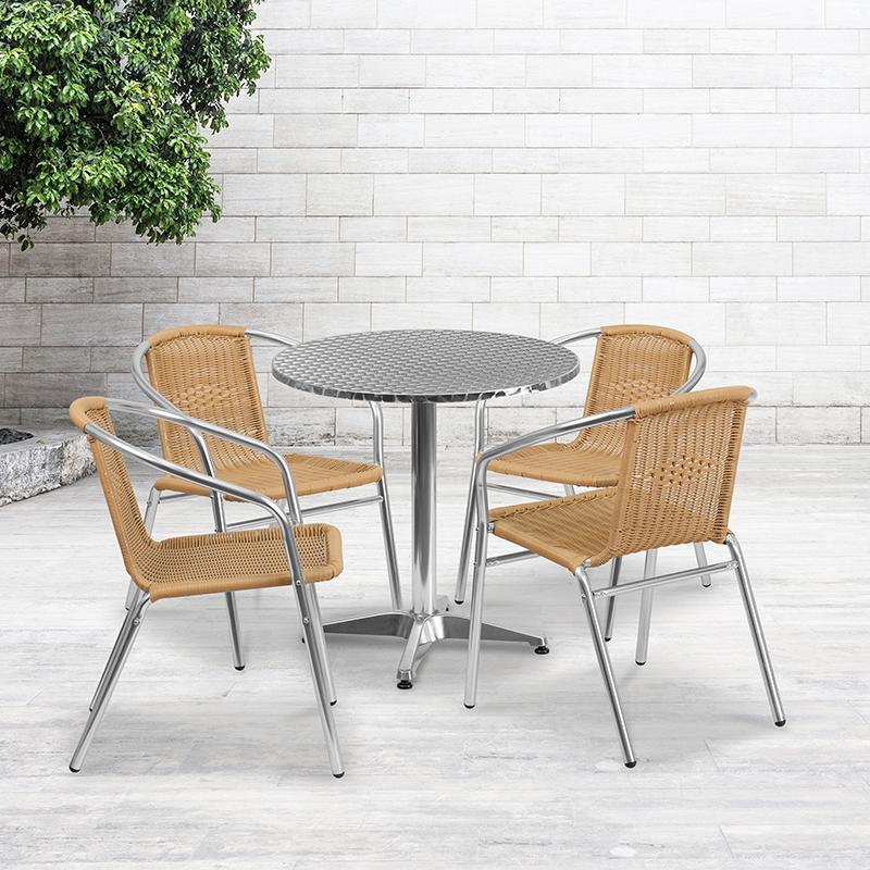 Flash Furniture 27.5'' Round Aluminum Indoor-Outdoor Table Set with 4 Beige Rattan Chairs - TLH-ALUM-28RD-020BGECHR4-GG