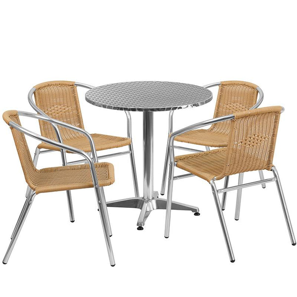 Flash Furniture 27.5'' Round Aluminum Indoor-Outdoor Table Set with 4 Beige Rattan Chairs - TLH-ALUM-28RD-020BGECHR4-GG