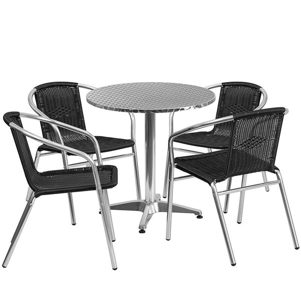 Flash Furniture 27.5'' Round Aluminum Indoor-Outdoor Table Set with 4 Black Rattan Chairs - TLH-ALUM-28RD-020BKCHR4-GG