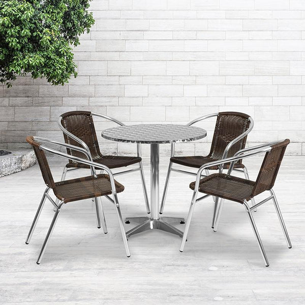 Flash Furniture 27.5'' Round Aluminum Indoor-Outdoor Table Set with 4 Dark Brown Rattan Chairs - TLH-ALUM-28RD-020CHR4-GG