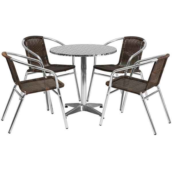 Flash Furniture 27.5'' Round Aluminum Indoor-Outdoor Table Set with 4 Dark Brown Rattan Chairs - TLH-ALUM-28RD-020CHR4-GG