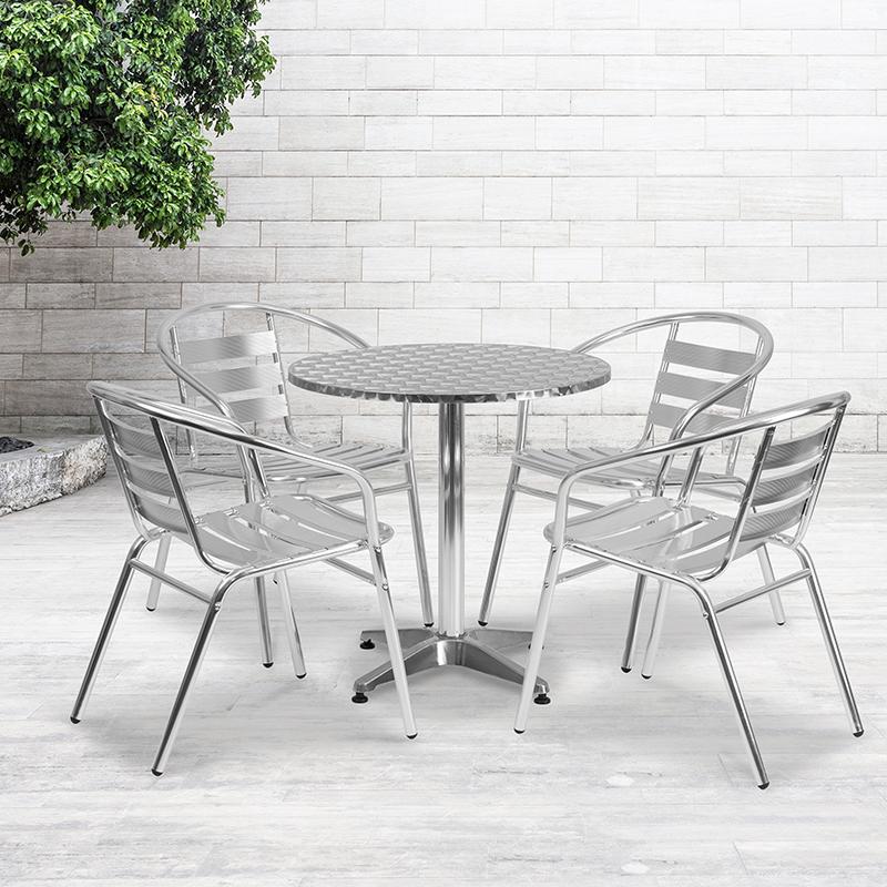 Flash Furniture 27.5'' Round Aluminum Indoor-Outdoor Table Set with 4 Slat Back Chairs - TLH-ALUM-28RD-017BCHR4-GG