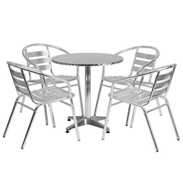 Flash Furniture 27.5'' Round Aluminum Indoor-Outdoor Table Set with 4 Slat Back Chairs - TLH-ALUM-28RD-017BCHR4-GG