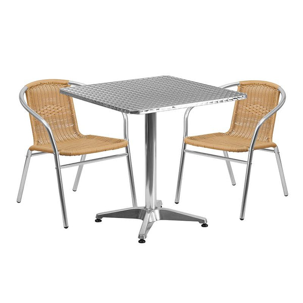 Flash Furniture 27.5'' Square Aluminum Indoor-Outdoor Table Set with 2 Beige Rattan Chairs - TLH-ALUM-28SQ-020BGECHR2-GG