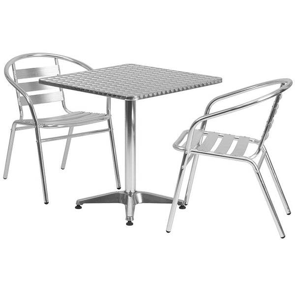 Flash Furniture 27.5'' Square Aluminum Indoor-Outdoor Table Set with 2 Slat Back Chairs - TLH-ALUM-28SQ-017BCHR2-GG