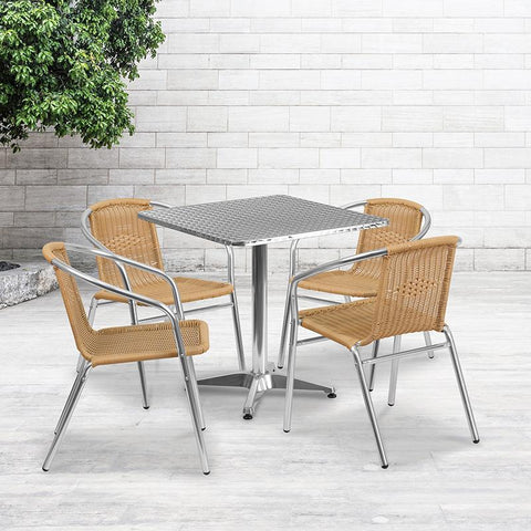 Flash Furniture 27.5'' Square Aluminum Indoor-Outdoor Table Set with 4 Beige Rattan Chairs - TLH-ALUM-28SQ-020BGECHR4-GG