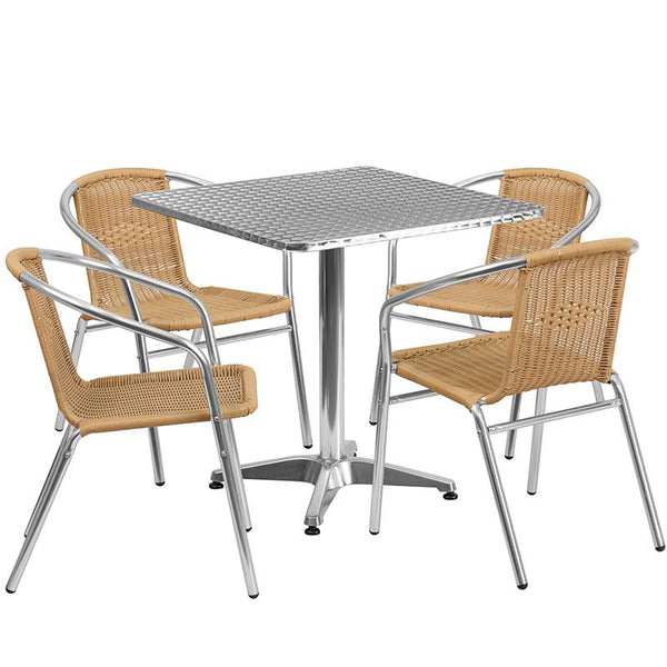 Flash Furniture 27.5'' Square Aluminum Indoor-Outdoor Table Set with 4 Beige Rattan Chairs - TLH-ALUM-28SQ-020BGECHR4-GG