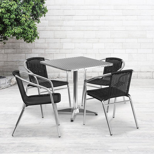 Flash Furniture 27.5'' Square Aluminum Indoor-Outdoor Table Set with 4 Black Rattan Chairs - TLH-ALUM-28SQ-020BKCHR4-GG