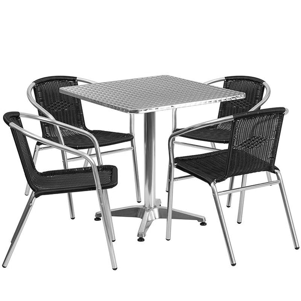 Flash Furniture 27.5'' Square Aluminum Indoor-Outdoor Table Set with 4 Black Rattan Chairs - TLH-ALUM-28SQ-020BKCHR4-GG