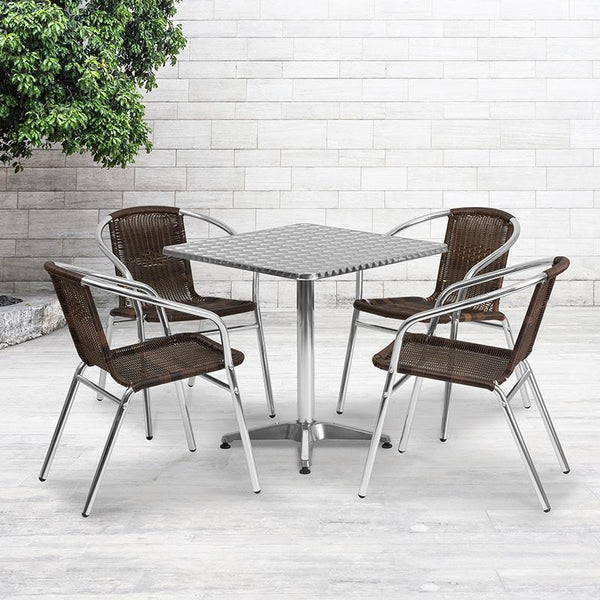 Flash Furniture 27.5'' Square Aluminum Indoor-Outdoor Table Set with 4 Dark Brown Rattan Chairs - TLH-ALUM-28SQ-020CHR4-GG