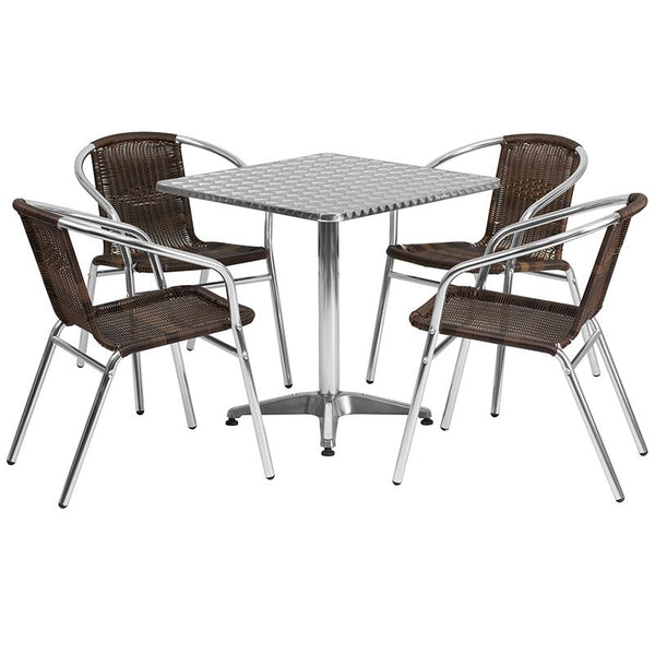 Flash Furniture 27.5'' Square Aluminum Indoor-Outdoor Table Set with 4 Dark Brown Rattan Chairs - TLH-ALUM-28SQ-020CHR4-GG