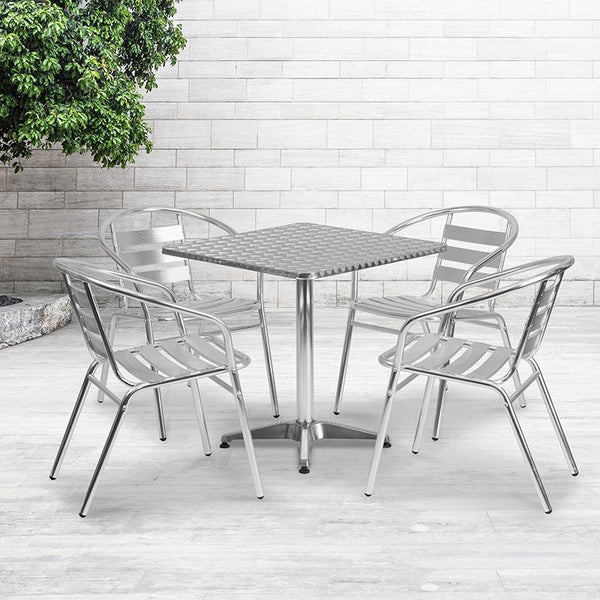 Flash Furniture 27.5'' Square Aluminum Indoor-Outdoor Table Set with 4 Slat Back Chairs - TLH-ALUM-28SQ-017BCHR4-GG