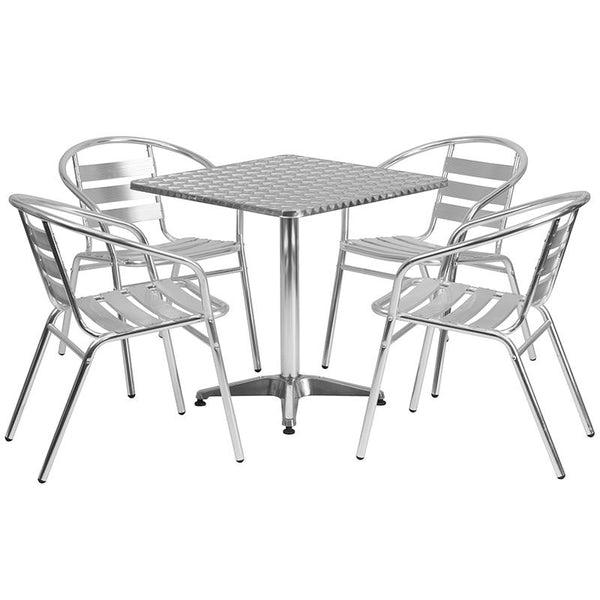 Flash Furniture 27.5'' Square Aluminum Indoor-Outdoor Table Set with 4 Slat Back Chairs - TLH-ALUM-28SQ-017BCHR4-GG