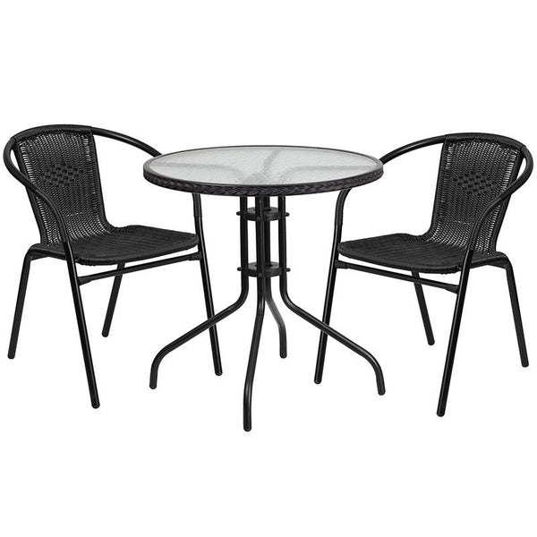 Flash Furniture 28'' Round Glass Metal Table with Black Rattan Edging and 2 Black Rattan Stack Chairs - TLH-087RD-037BK2-GG