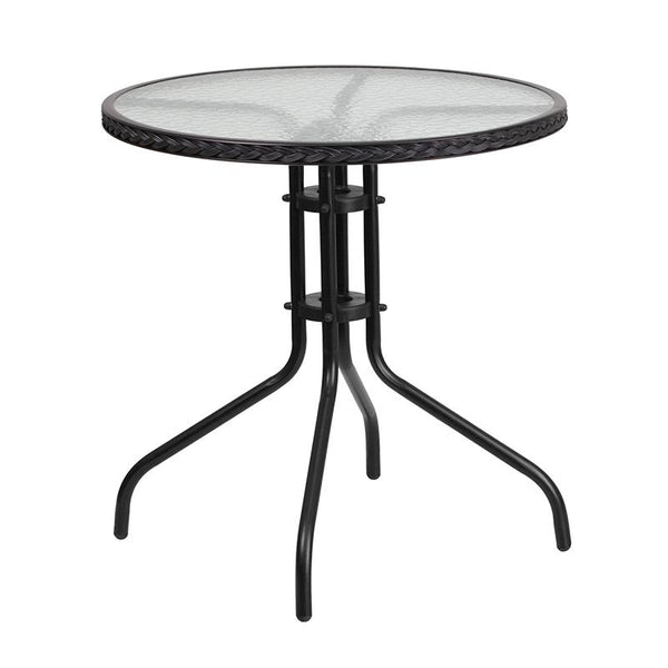 Flash Furniture 28'' Round Glass Metal Table with Black Rattan Edging and 2 Black Rattan Stack Chairs - TLH-087RD-037BK2-GG
