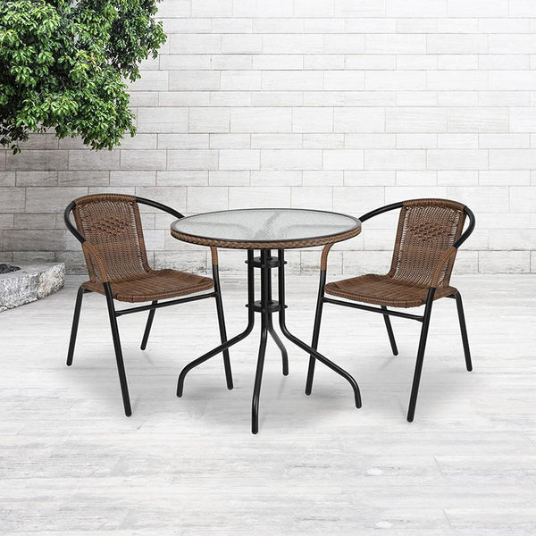 Flash Furniture 28'' Round Glass Metal Table with Dark Brown Rattan Edging and 2 Dark Brown Rattan Stack Chairs - TLH-087RD-037BN2-GG