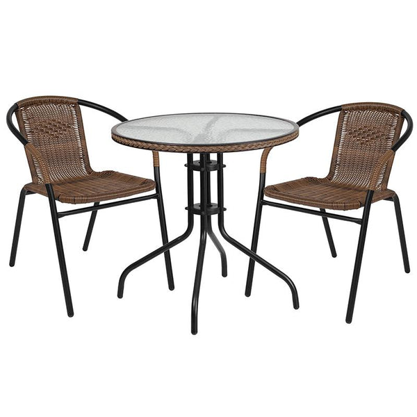 Flash Furniture 28'' Round Glass Metal Table with Dark Brown Rattan Edging and 2 Dark Brown Rattan Stack Chairs - TLH-087RD-037BN2-GG