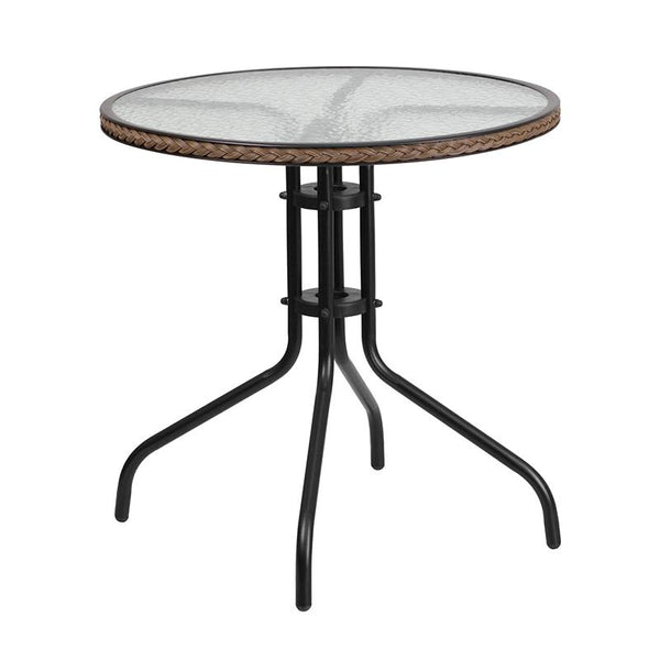 Flash Furniture 28'' Round Glass Metal Table with Dark Brown Rattan Edging and 2 Dark Brown Rattan Stack Chairs - TLH-087RD-037BN2-GG