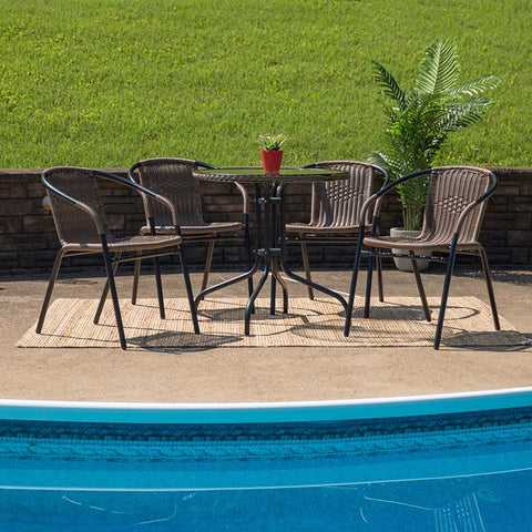 Flash Furniture 28'' Round Glass Metal Table with Dark Brown Rattan Edging and 4 Dark Brown Rattan Stack Chairs - TLH-087RD-037BN4-GG