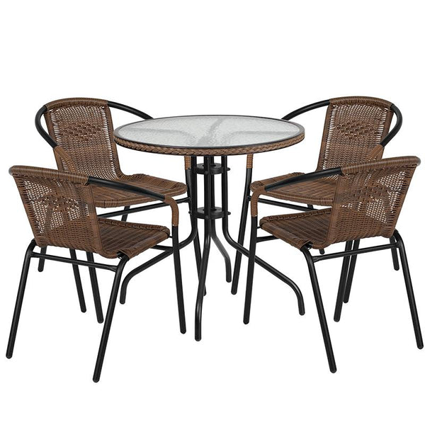 Flash Furniture 28'' Round Glass Metal Table with Dark Brown Rattan Edging and 4 Dark Brown Rattan Stack Chairs - TLH-087RD-037BN4-GG