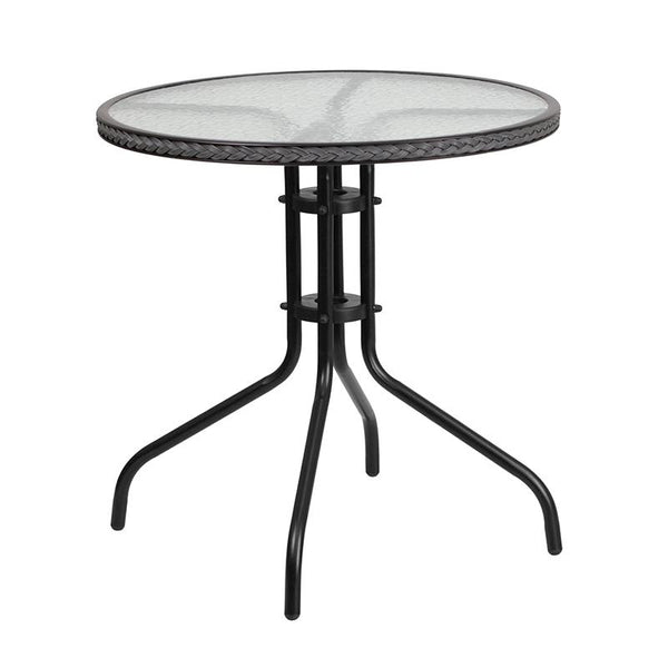 Flash Furniture 28'' Round Glass Metal Table with Gray Rattan Edging and 2 Gray Rattan Stack Chairs - TLH-087RD-037GY2-GG