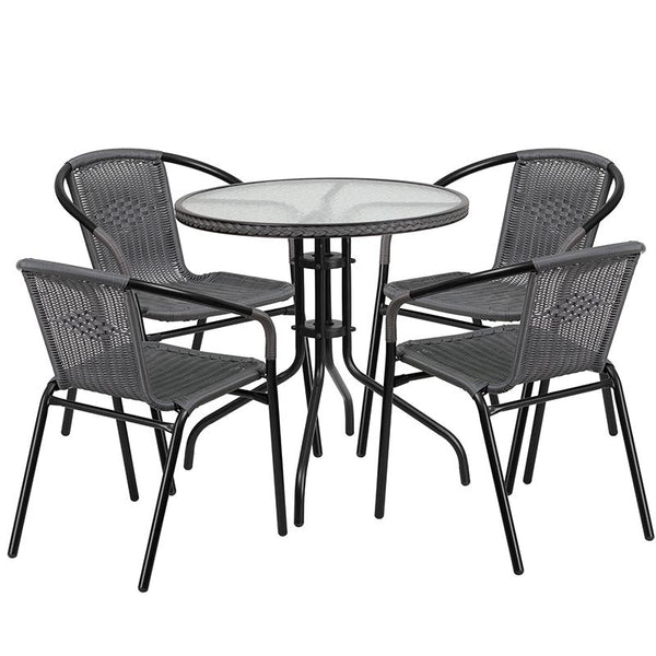 Flash Furniture 28'' Round Glass Metal Table with Gray Rattan Edging and 4 Gray Rattan Stack Chairs - TLH-087RD-037GY4-GG