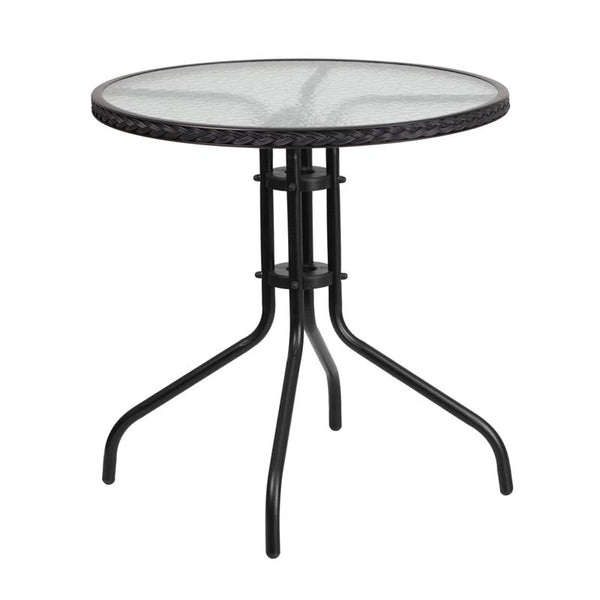 Flash Furniture 28'' Round Tempered Glass Metal Table with Black Rattan Edging - TLH-087-BK-GG