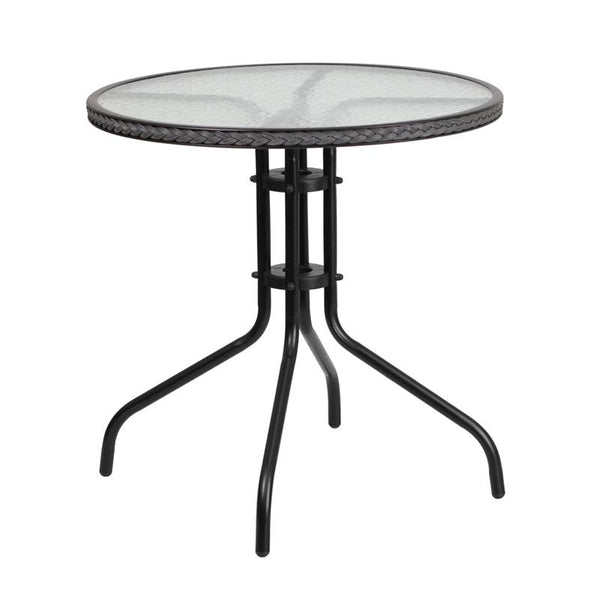 Flash Furniture 28'' Round Tempered Glass Metal Table with Gray Rattan Edging - TLH-087-GY-GG