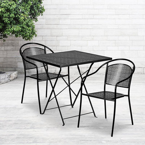 Flash Furniture 28'' Square Black Indoor-Outdoor Steel Folding Patio Table Set with 2 Round Back Chairs - CO-28SQF-03CHR2-BK-GG