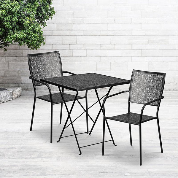 Flash Furniture 28'' Square Black Indoor-Outdoor Steel Folding Patio Table Set with 2 Square Back Chairs - CO-28SQF-02CHR2-BK-GG