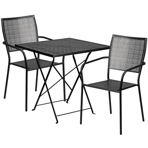 Flash Furniture 28'' Square Black Indoor-Outdoor Steel Folding Patio Table Set with 2 Square Back Chairs - CO-28SQF-02CHR2-BK-GG