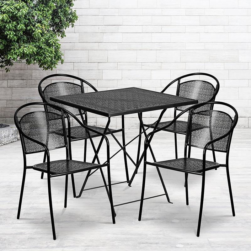Flash Furniture 28'' Square Black Indoor-Outdoor Steel Folding Patio Table Set with 4 Round Back Chairs - CO-28SQF-03CHR4-BK-GG