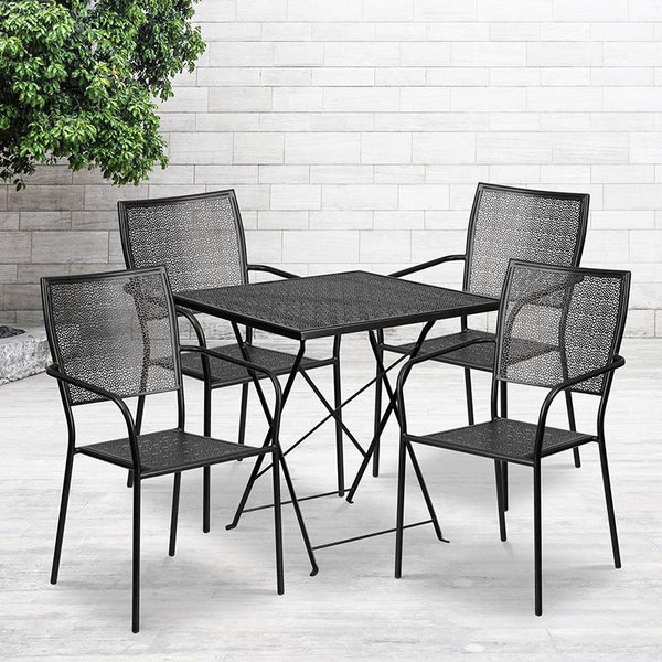 Flash Furniture 28'' Square Black Indoor-Outdoor Steel Folding Patio Table Set with 4 Square Back Chairs - CO-28SQF-02CHR4-BK-GG