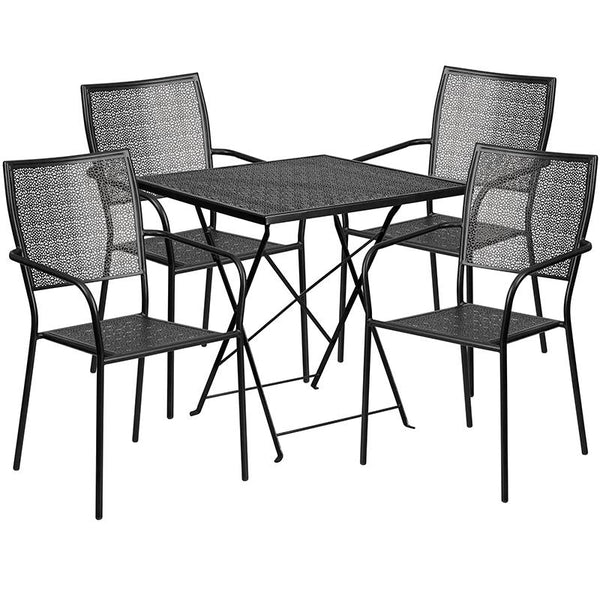 Flash Furniture 28'' Square Black Indoor-Outdoor Steel Folding Patio Table Set with 4 Square Back Chairs - CO-28SQF-02CHR4-BK-GG