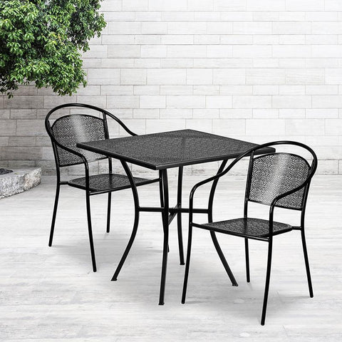 Flash Furniture 28'' Square Black Indoor-Outdoor Steel Patio Table Set with 2 Round Back Chairs - CO-28SQ-03CHR2-BK-GG