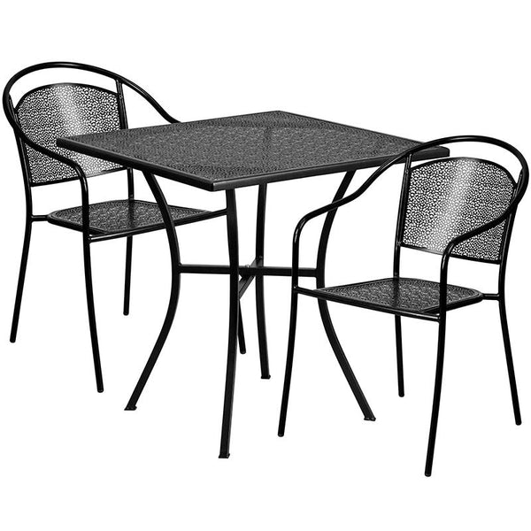 Flash Furniture 28'' Square Black Indoor-Outdoor Steel Patio Table Set with 2 Round Back Chairs - CO-28SQ-03CHR2-BK-GG