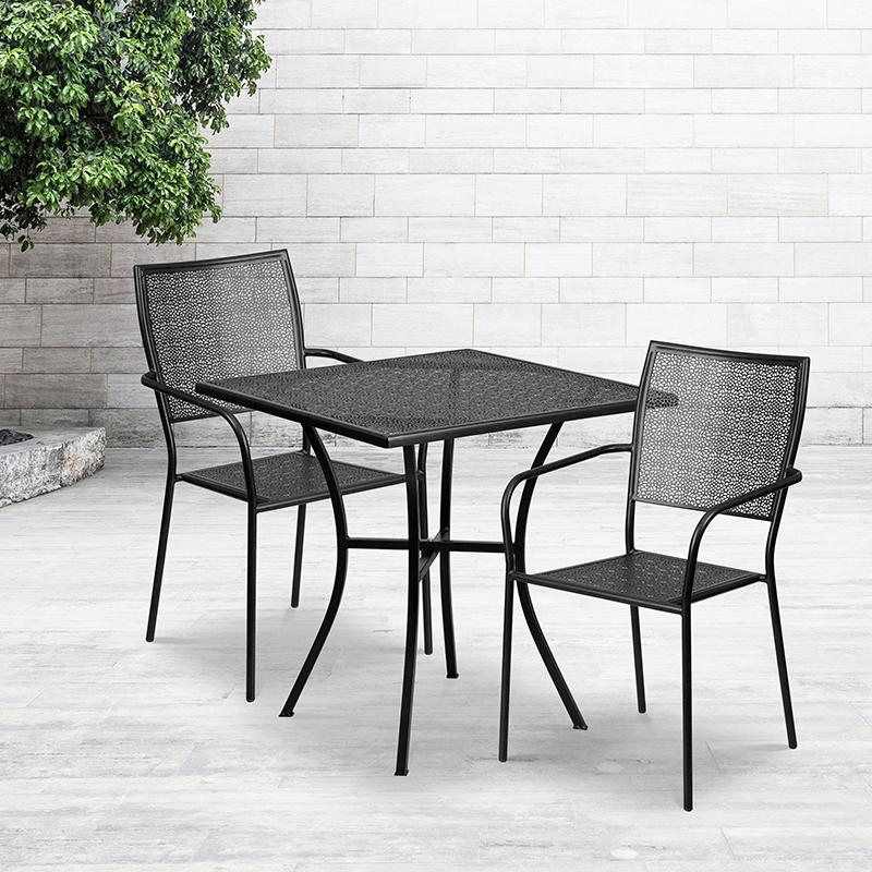 Flash Furniture 28'' Square Black Indoor-Outdoor Steel Patio Table Set with 2 Square Back Chairs - CO-28SQ-02CHR2-BK-GG
