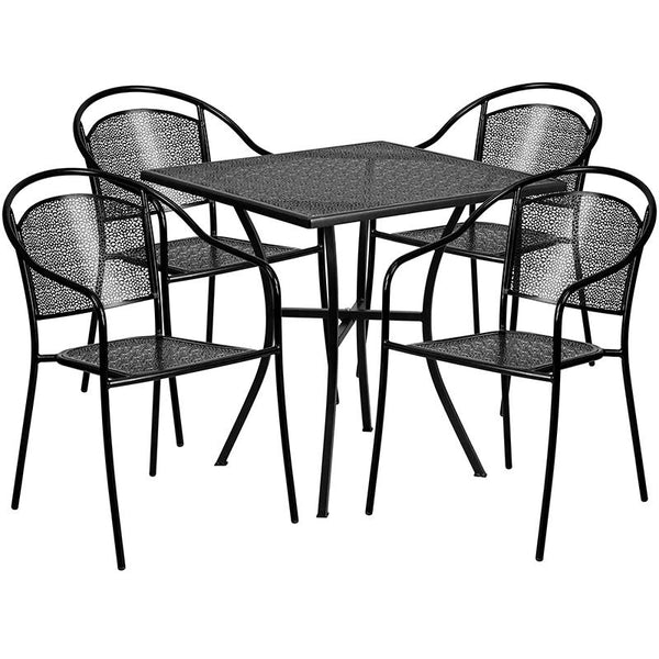 Flash Furniture 28'' Square Black Indoor-Outdoor Steel Patio Table Set with 4 Round Back Chairs - CO-28SQ-03CHR4-BK-GG