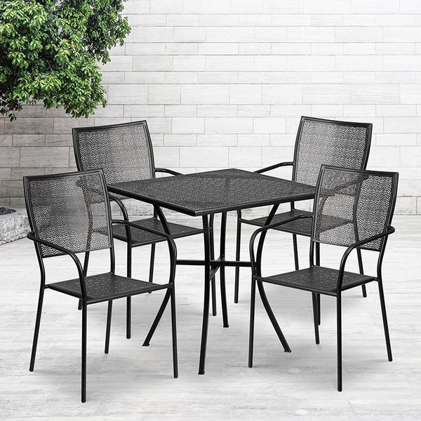 Flash Furniture 28'' Square Black Indoor-Outdoor Steel Patio Table Set with 4 Square Back Chairs - CO-28SQ-02CHR4-BK-GG