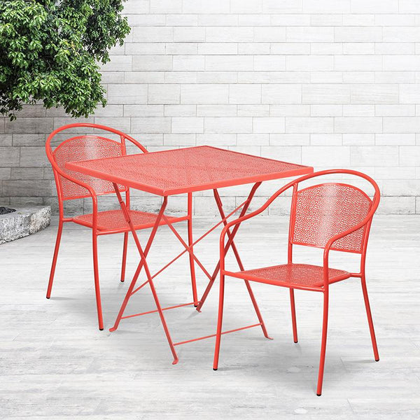 Flash Furniture 28'' Square Coral Indoor-Outdoor Steel Folding Patio Table Set with 2 Round Back Chairs - CO-28SQF-03CHR2-RED-GG