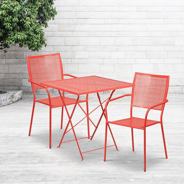 Flash Furniture 28'' Square Coral Indoor-Outdoor Steel Folding Patio Table Set with 2 Square Back Chairs - CO-28SQF-02CHR2-RED-GG