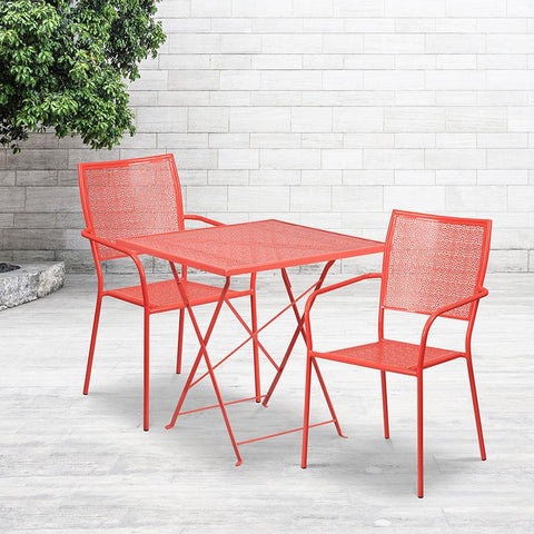 Flash Furniture 28'' Square Coral Indoor-Outdoor Steel Folding Patio Table Set with 2 Square Back Chairs - CO-28SQF-02CHR2-RED-GG